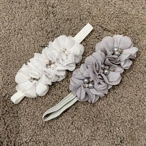 Set of 2 White Gray and Silver Sparkly Hair Bows Stretchy Headband